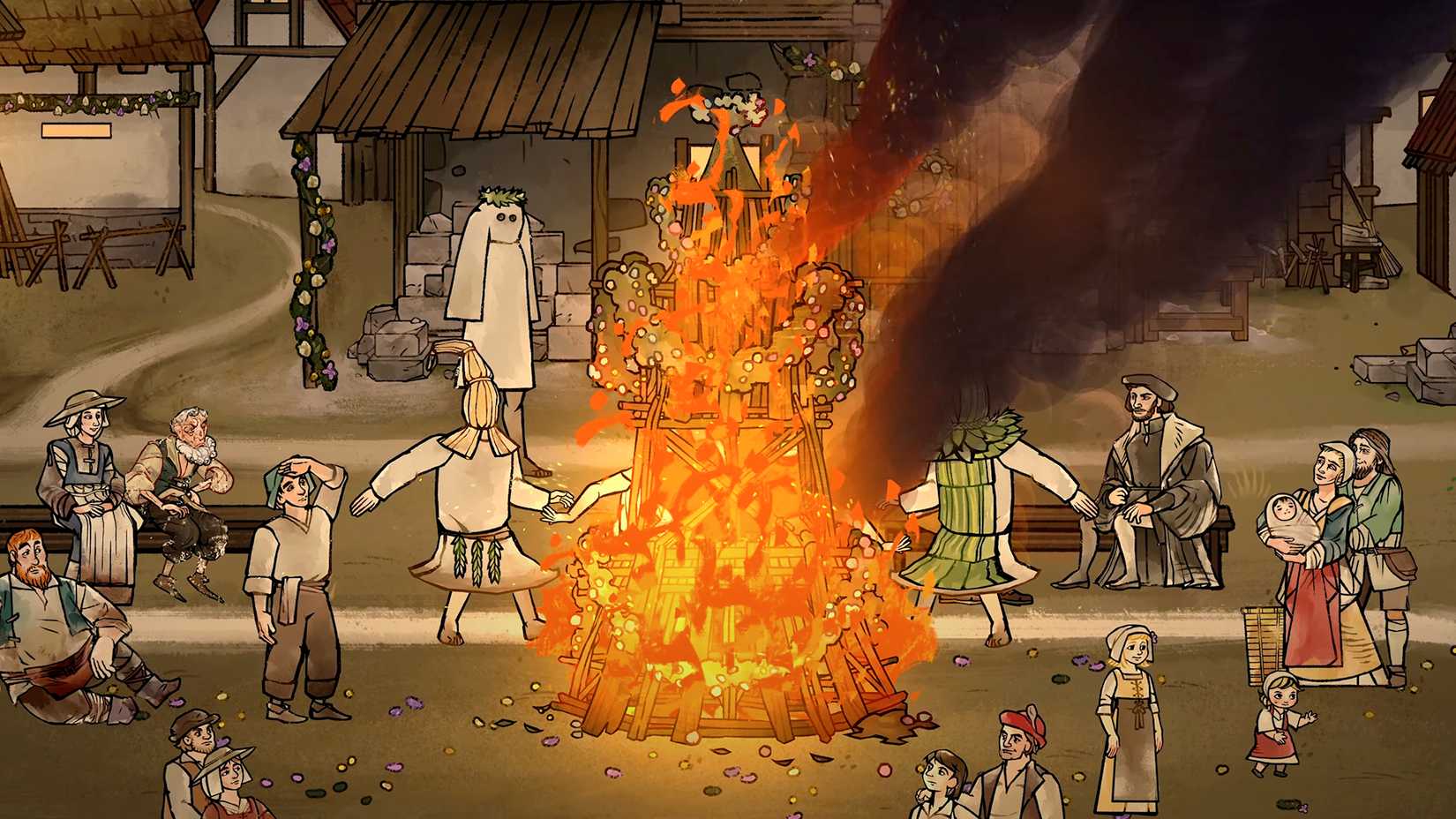 Group of figures standing around something burning in Pentimento.