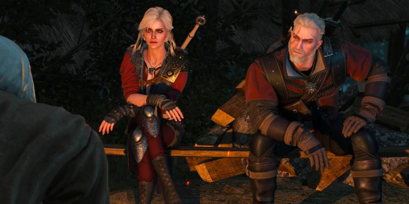 Ciri and Geralt Sitting on a Bench and Listening to someone tell their story in front of a campfire