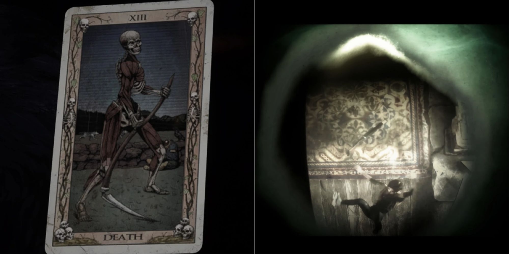 The Quarry's rendition of the major arcana tarot card Death. On the right we see Kaitlyn falling off the beam to her death