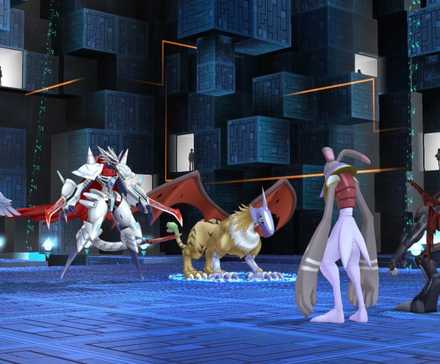 Digimon Story Cyber Sleuth Battle Shot showing many digimon characters facing off in a cubic battleground