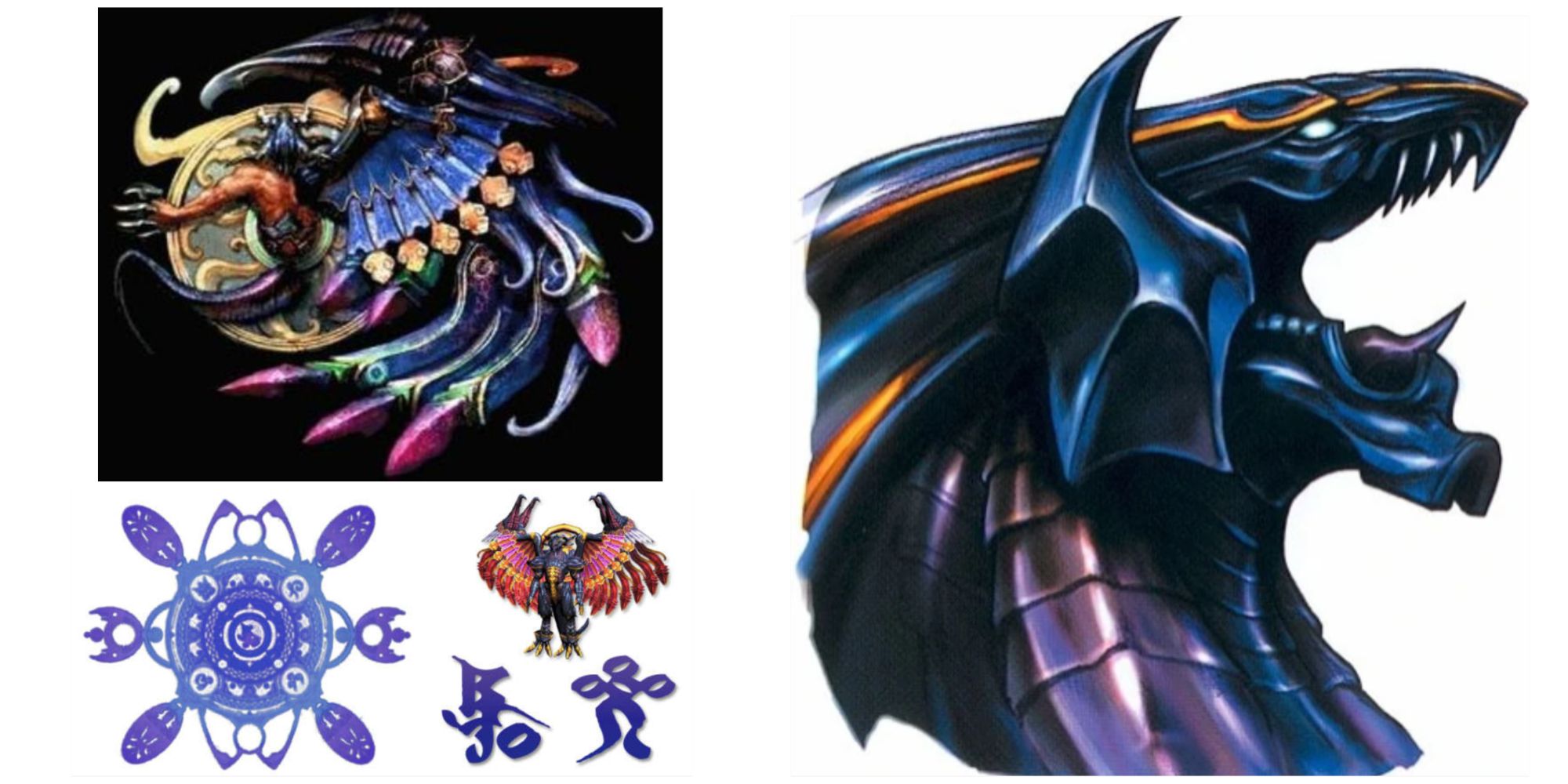 Final Fantasy X Bahamut, featuring his in-game picture, fayth statue, summoning glyph and symbol, and model / sprite