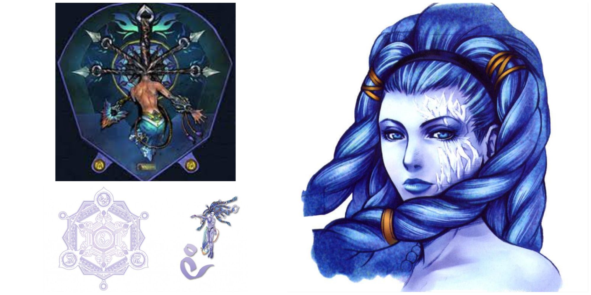 Final Fantasy X Shiva, featuring her sprite, fayth statue, summoning glyph and symbol, and her in-game model