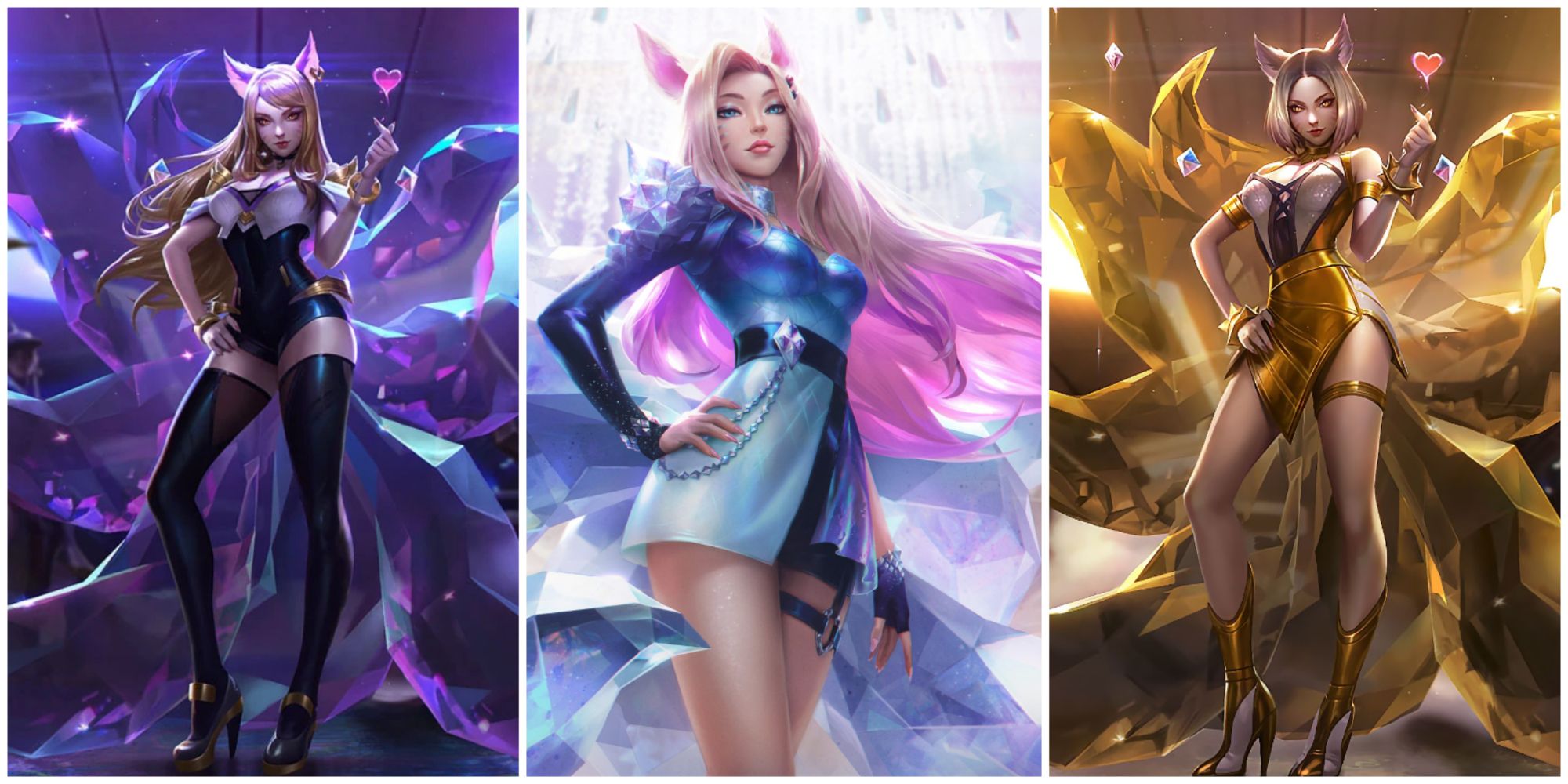 KDA Ahri posing in her POP/STARS and ALL OUT skins both base and prestige, very sparkly and shiny as she makes a heart