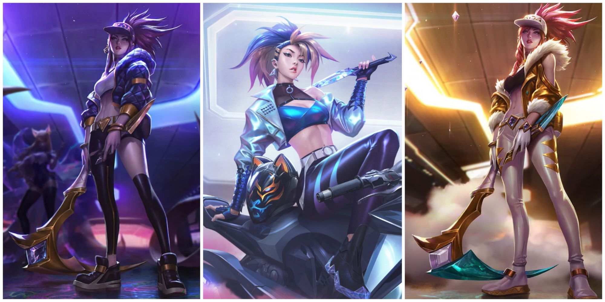 K/DA Akali poses with her kama in her POP/STARS skins, both base and prestige, and sits on her bike in her ALL OUT outfit