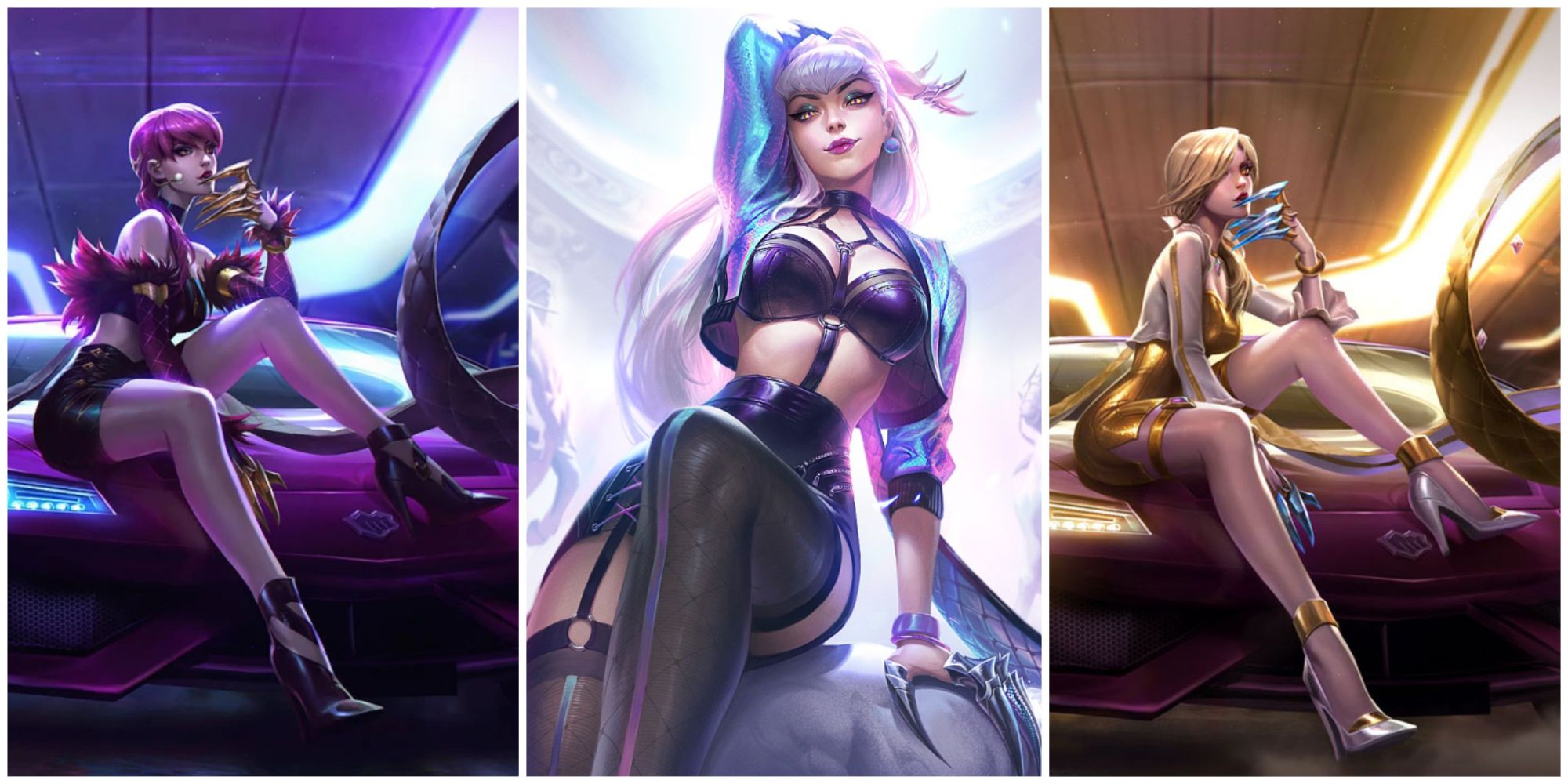 KDA Evelynn posing on the hood of one of her exotic cars in her POP/STARS skins both base and prestige, and her ALL OUT skin