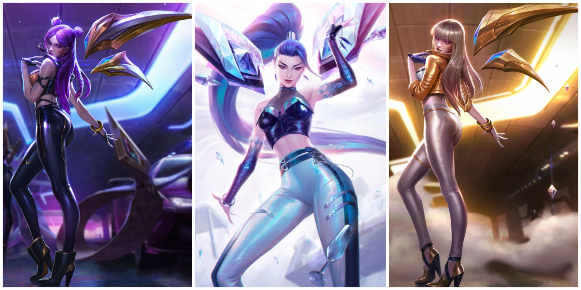 KDA KaiSa making that drum go dum as she poses in her POP STARS skins, both base and prestige, and her sparkly ALL OUT Skin