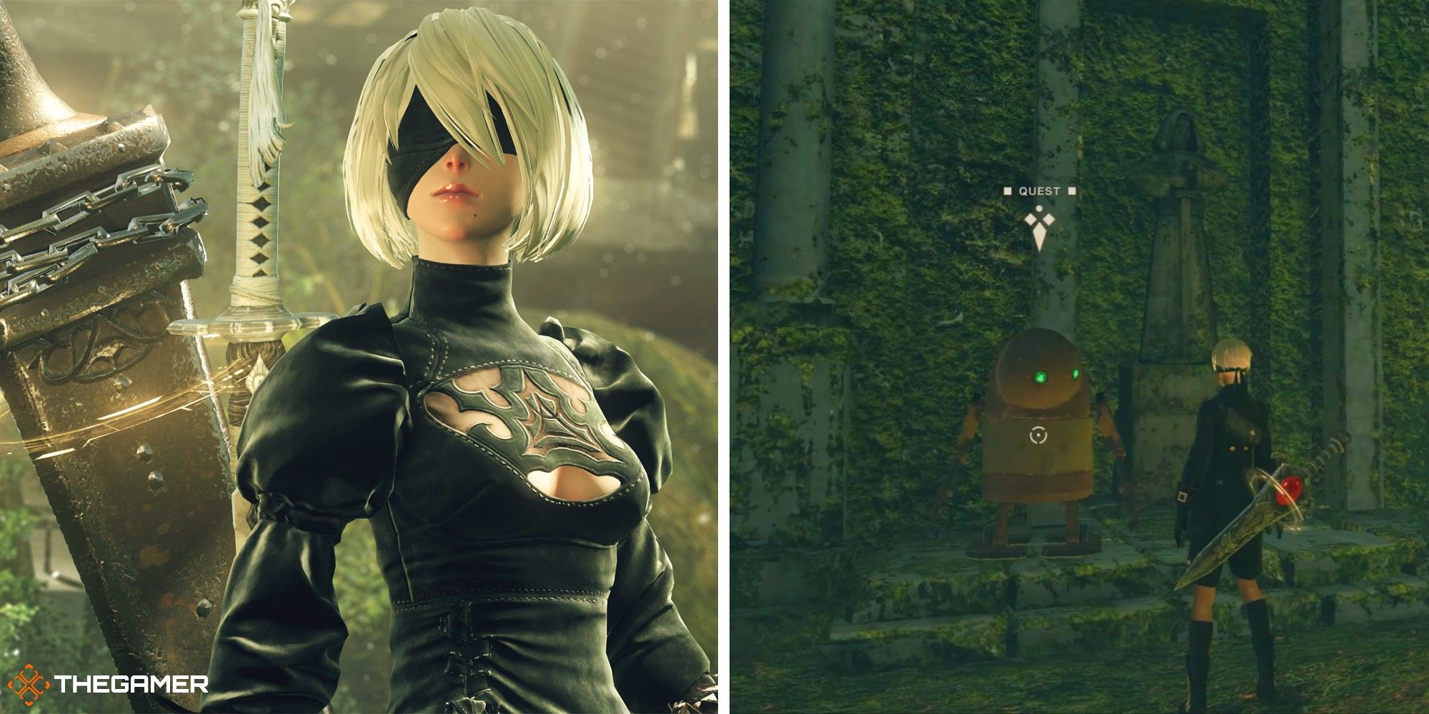Nier Automata collage of 2B and 9S talking to the Weird machine