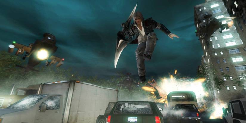 A prototype screenshot of Alex Mercer jumping on top of a car with an explosion in the background and several helicopters in the air.