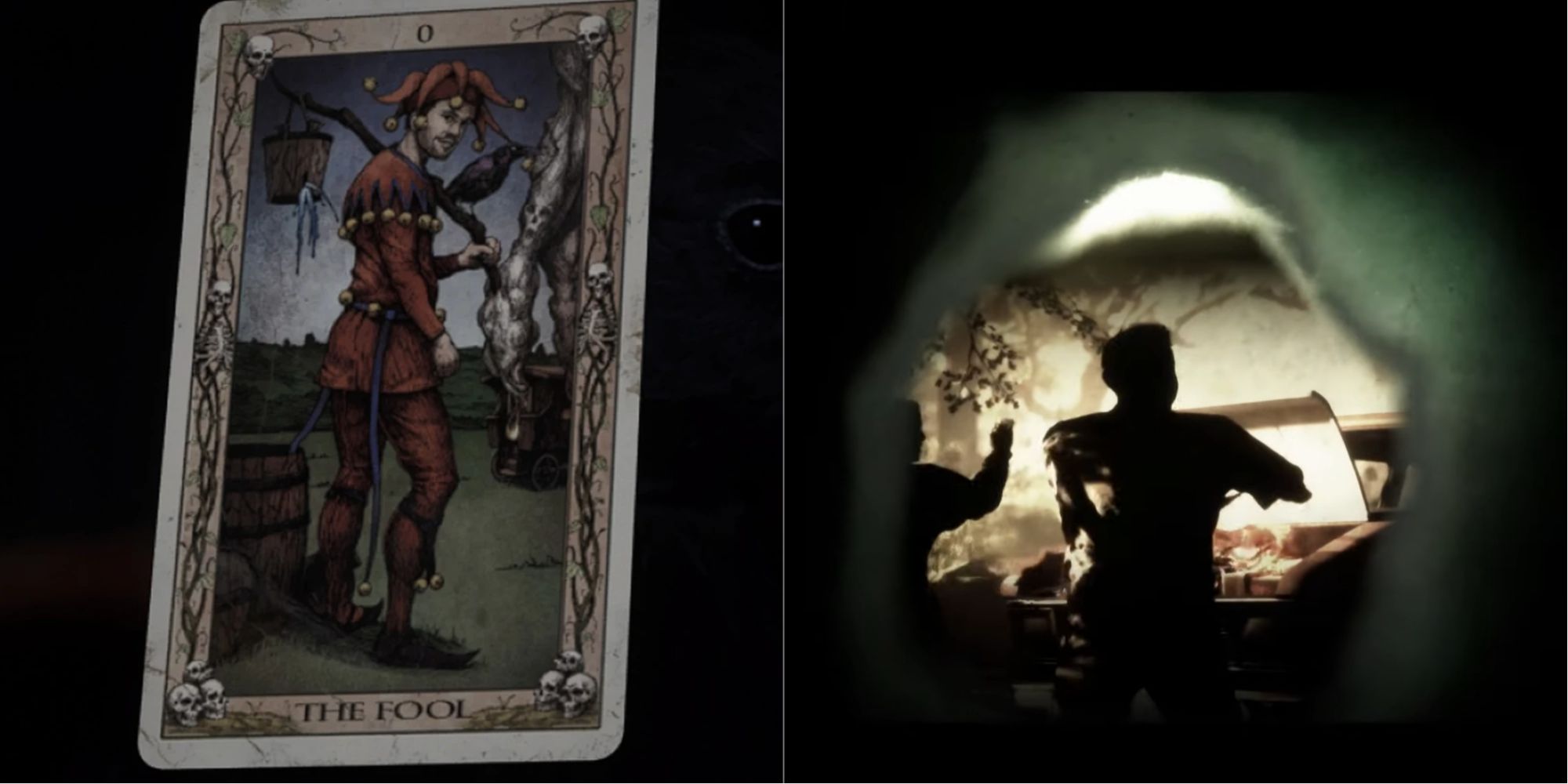 The Fool from The Quarry. We See the game's rendition of The Fool Major Arcana card on the left & an engine fire on the right