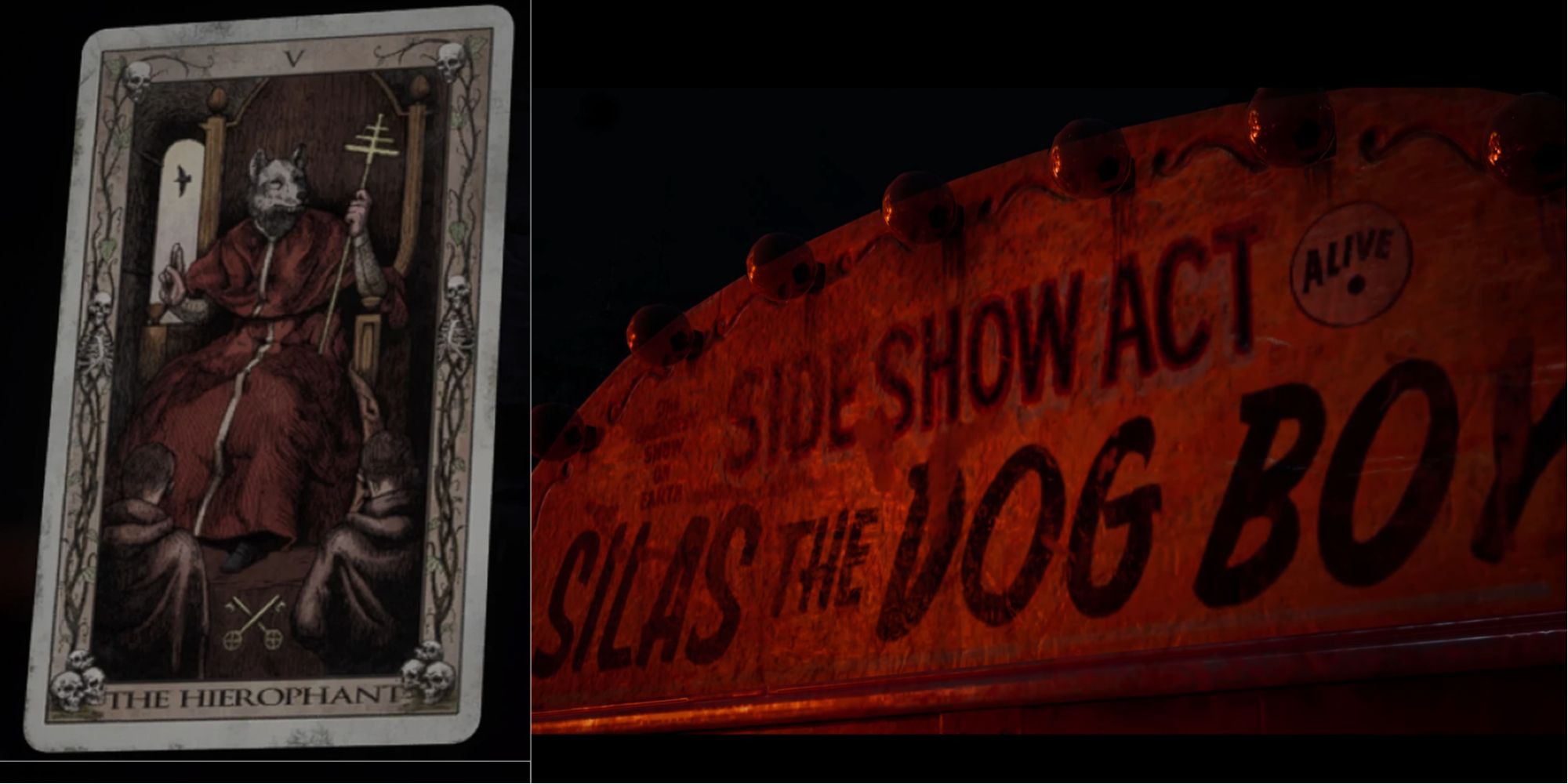 The Quarry's rendition of the major arcana tarot card The Hierophant. Silas the dog boy's sign the night of the fire
