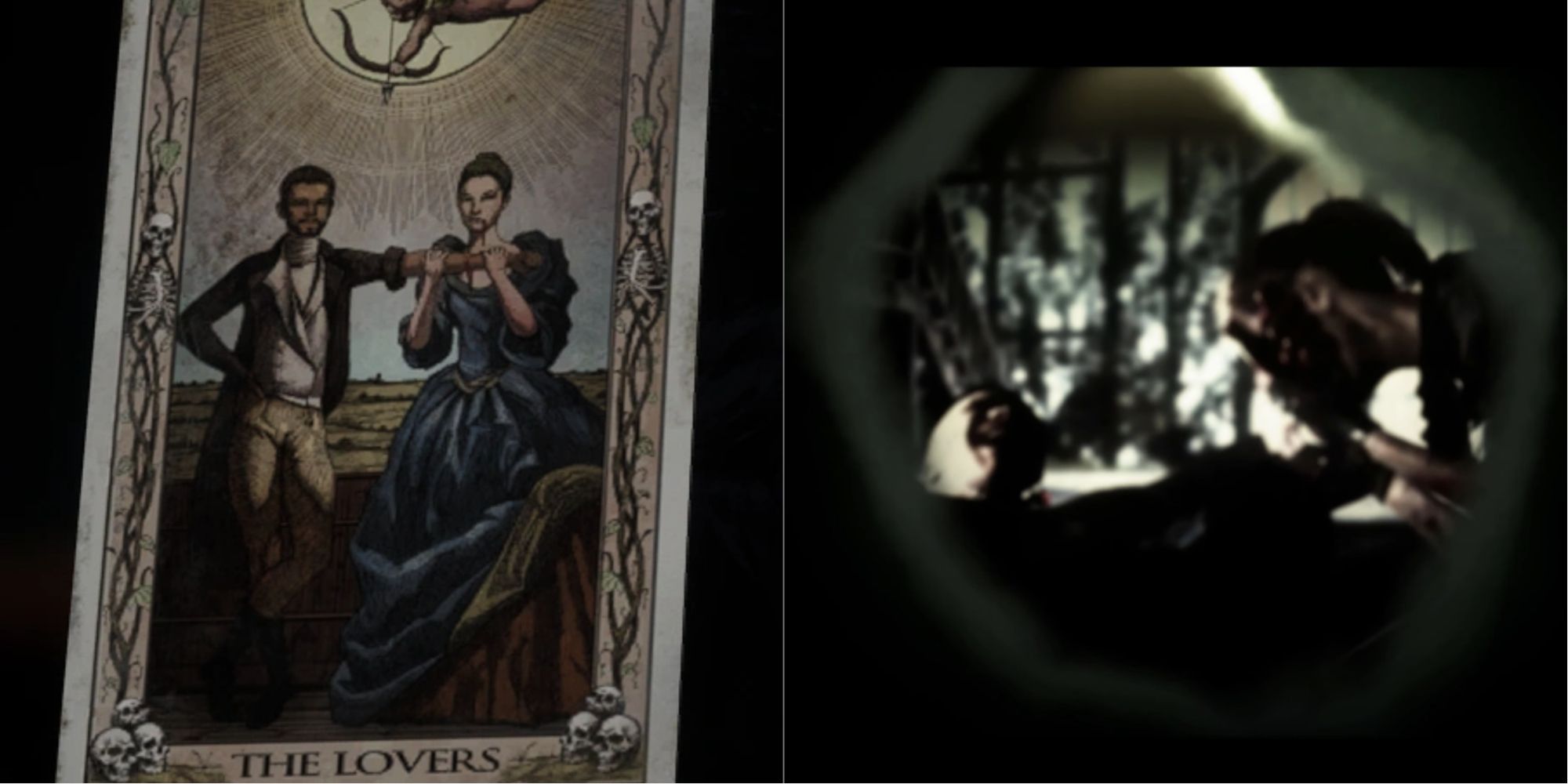 The Quarry's Major arcana rendition of the tarot card The Lovers On the right Laura bites Ryan's arm as he screams in pain