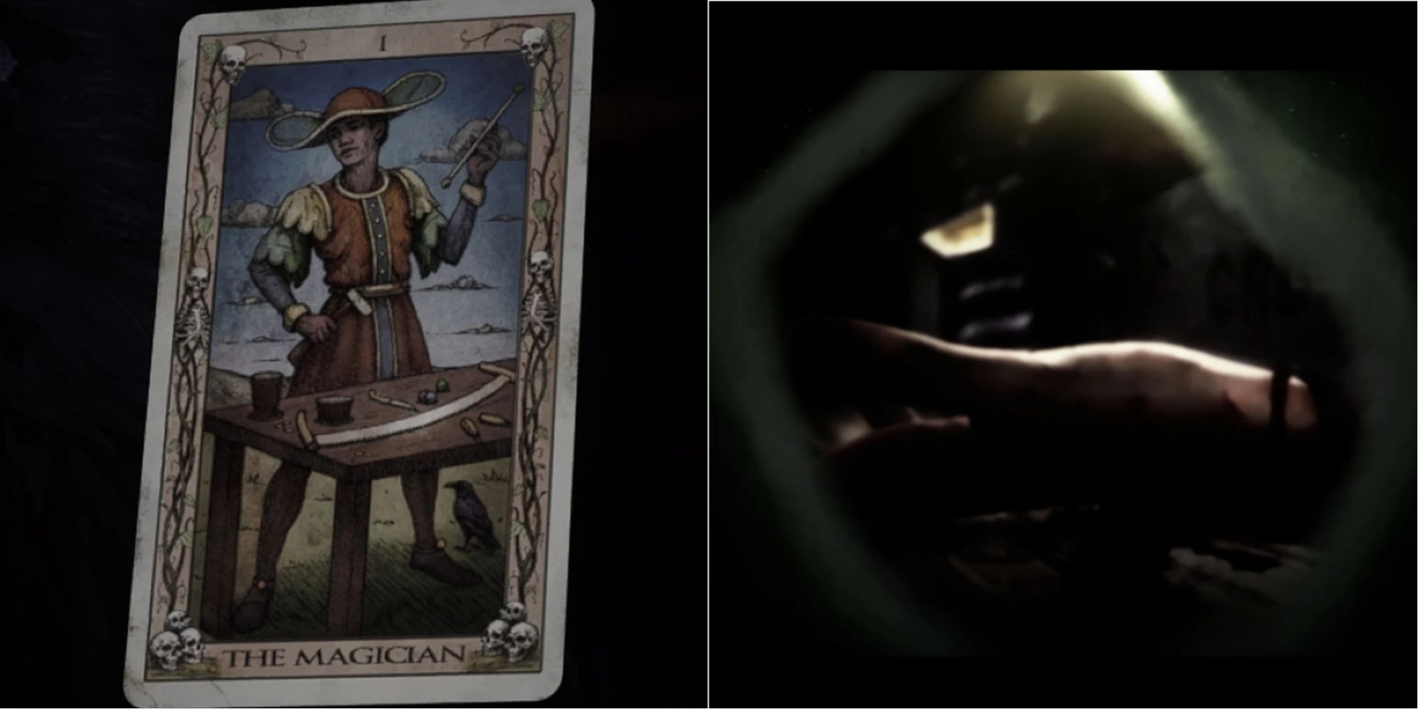 The Quarry's Major arcana rendition of the tarot card The Magician. On the right Ryan cuts Dylan's hand with a chainsaw