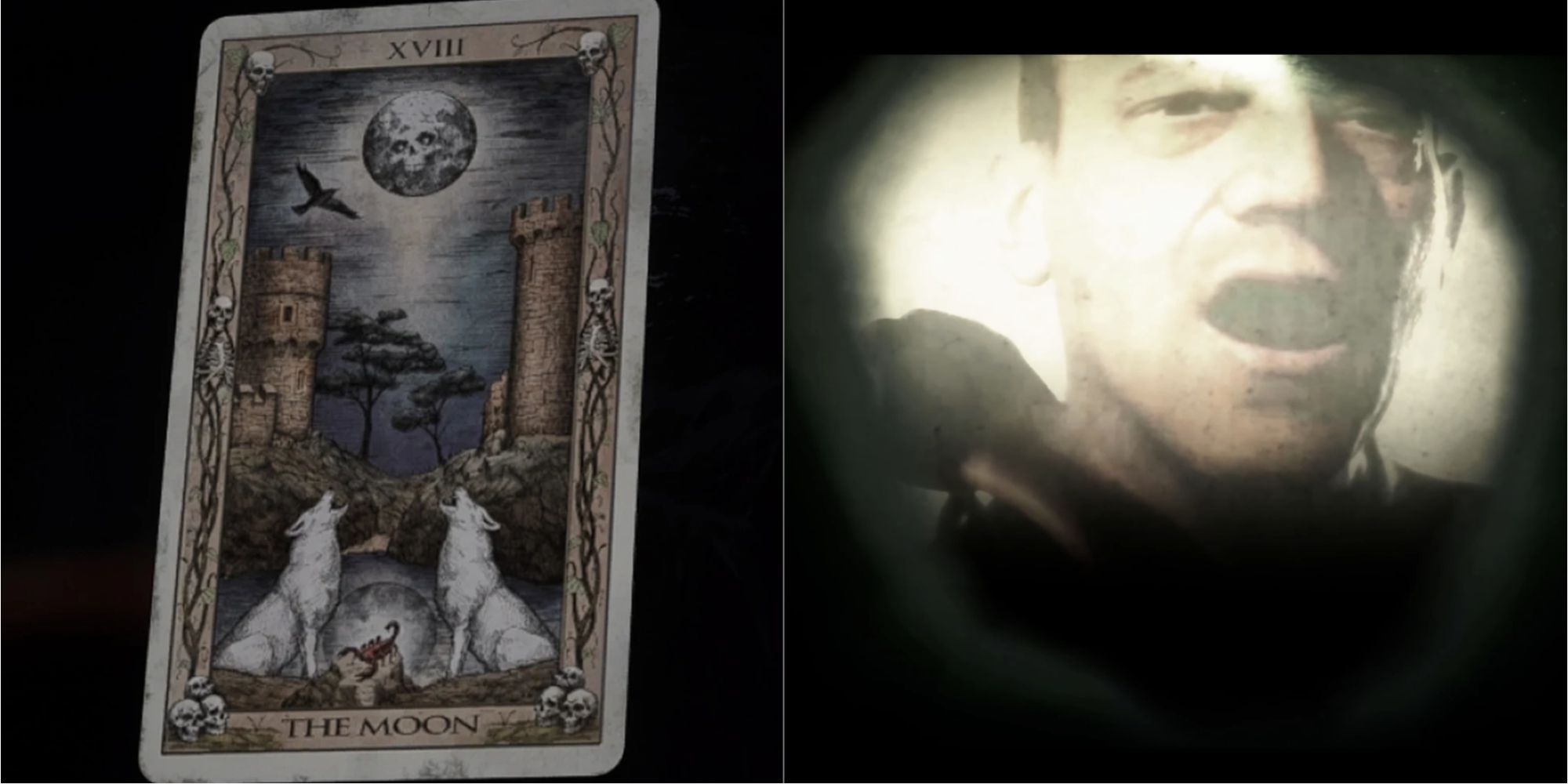 The Quarry's Major arcana rendition of the tarot card The Moon. Travis the cop gets stabbed in the neck with a syringe 
