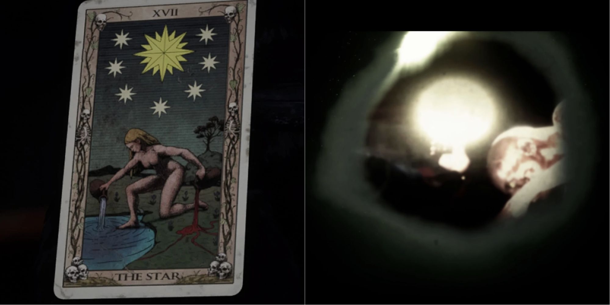 The Quarry's Major arcana rendition of the tarot card The Star on the left. On the right Emma takes a photo of the creature 