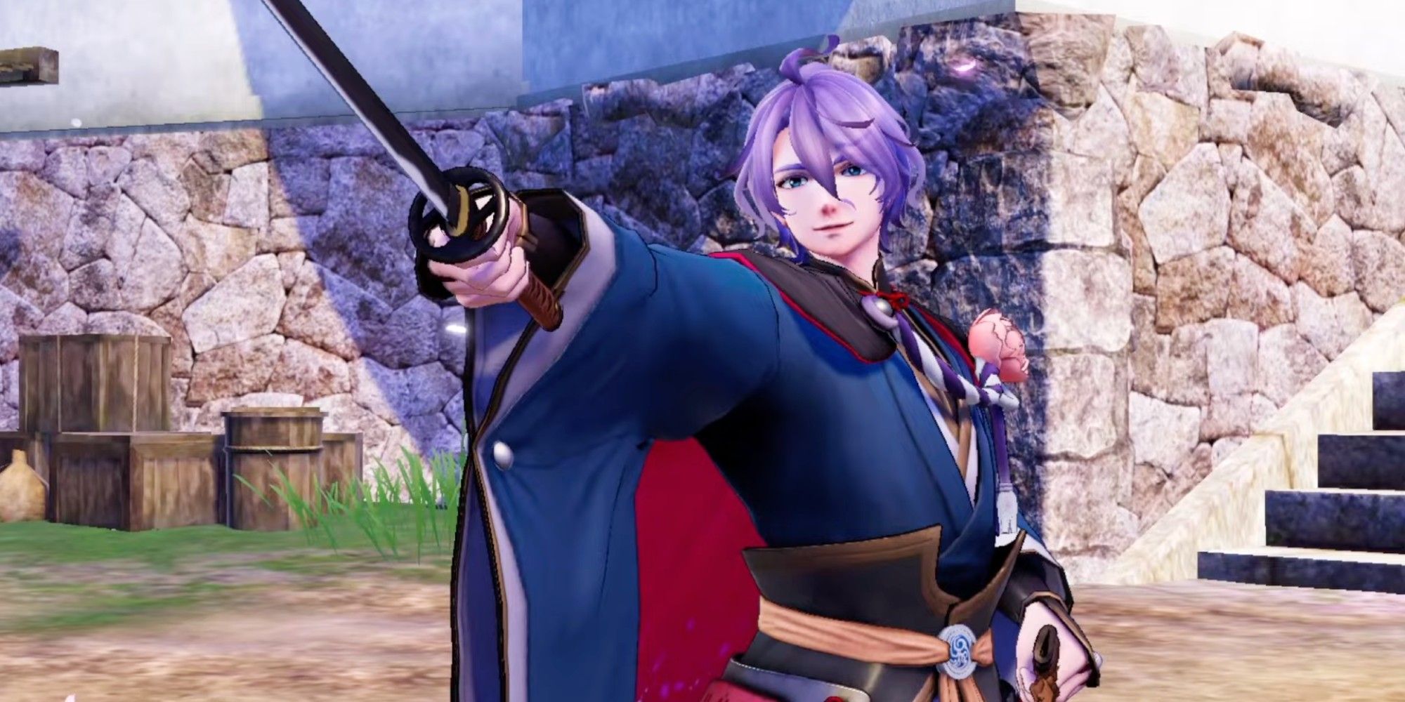 Touken Ranbu Kasen Kanesada smiling and pointing his sword forward
