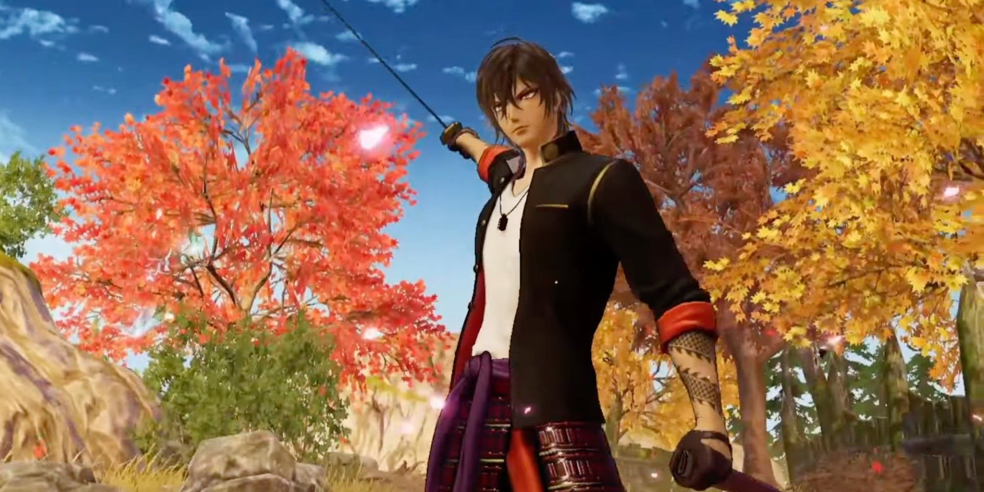 Touken Ranbu Okurikara standing against autumn trees raising his sword in the air