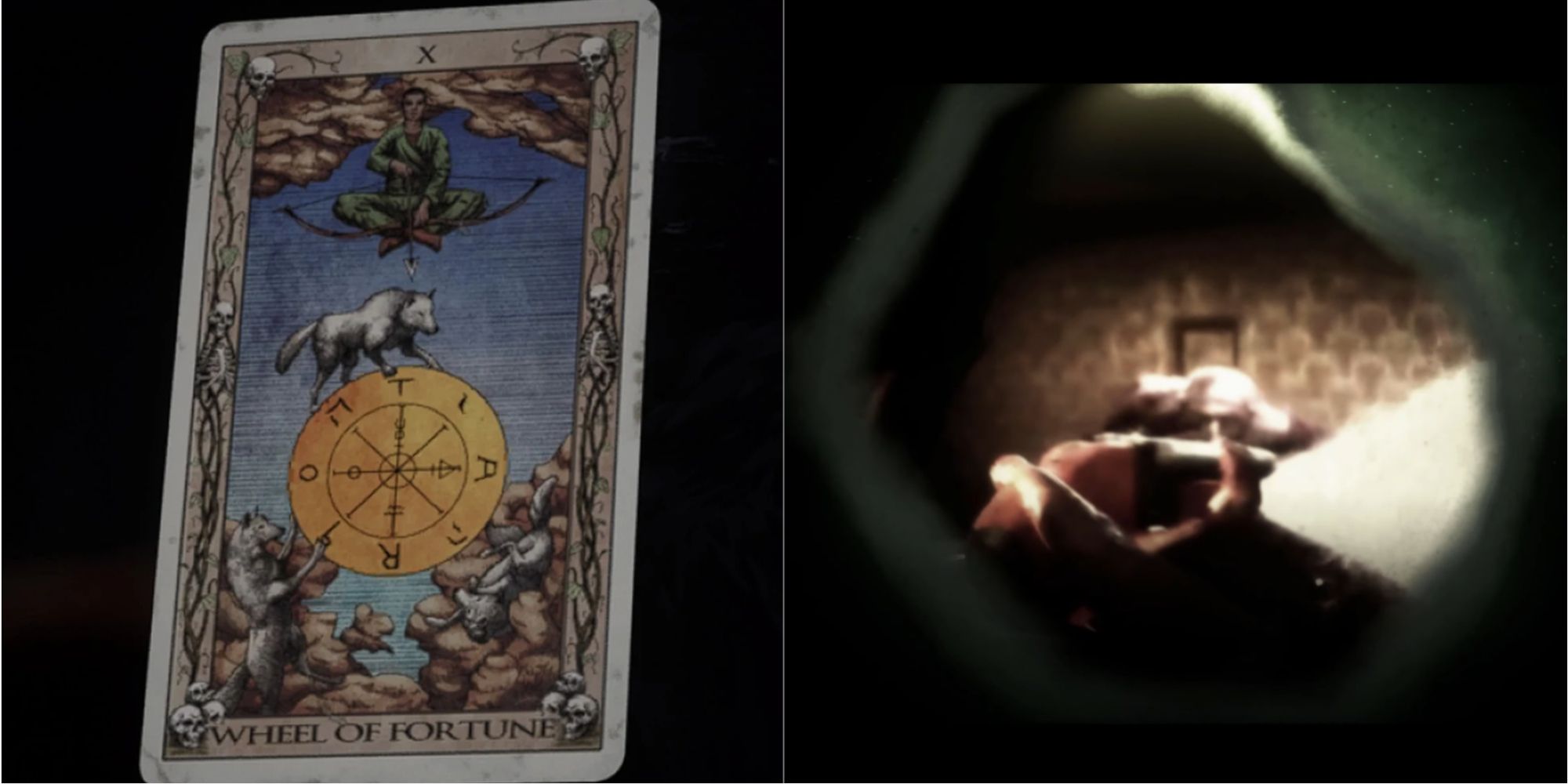 The Quarry's rendition of the major arcana tarot card Wheel of Fortune. Ryan holds a shotgun to Chris in werewolf form