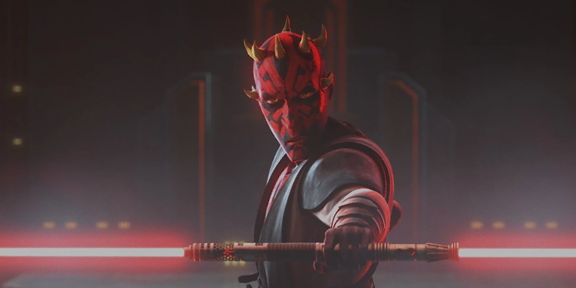 Darth Maul standing menacingly with his lightsaber out in Star Wars: The Clone Wars