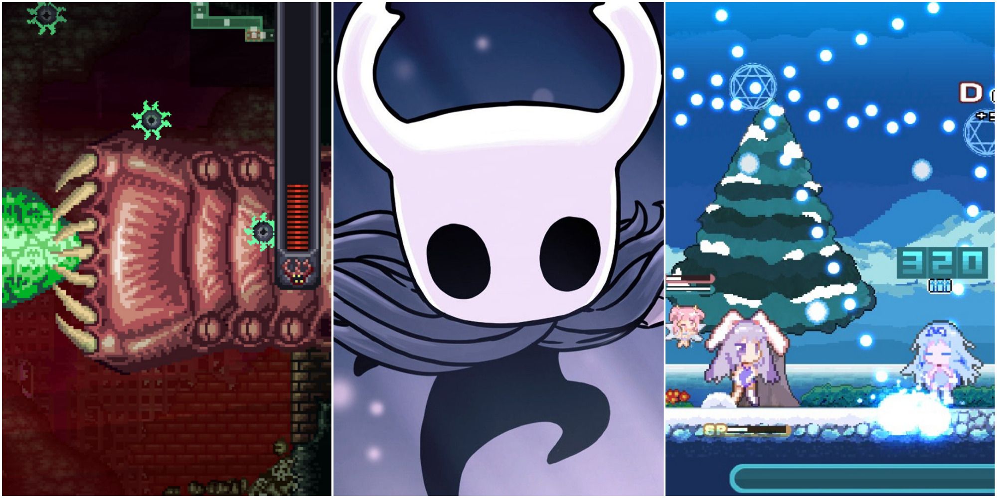 Collage of screenshots from A Robot Named Fight, Hollow Knight and Rabi-Ribi