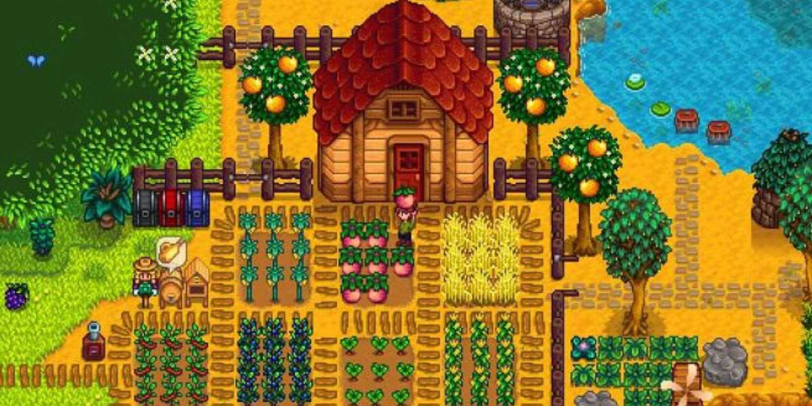 player holding a melon in front of shed and farming plots in Stardew Valley