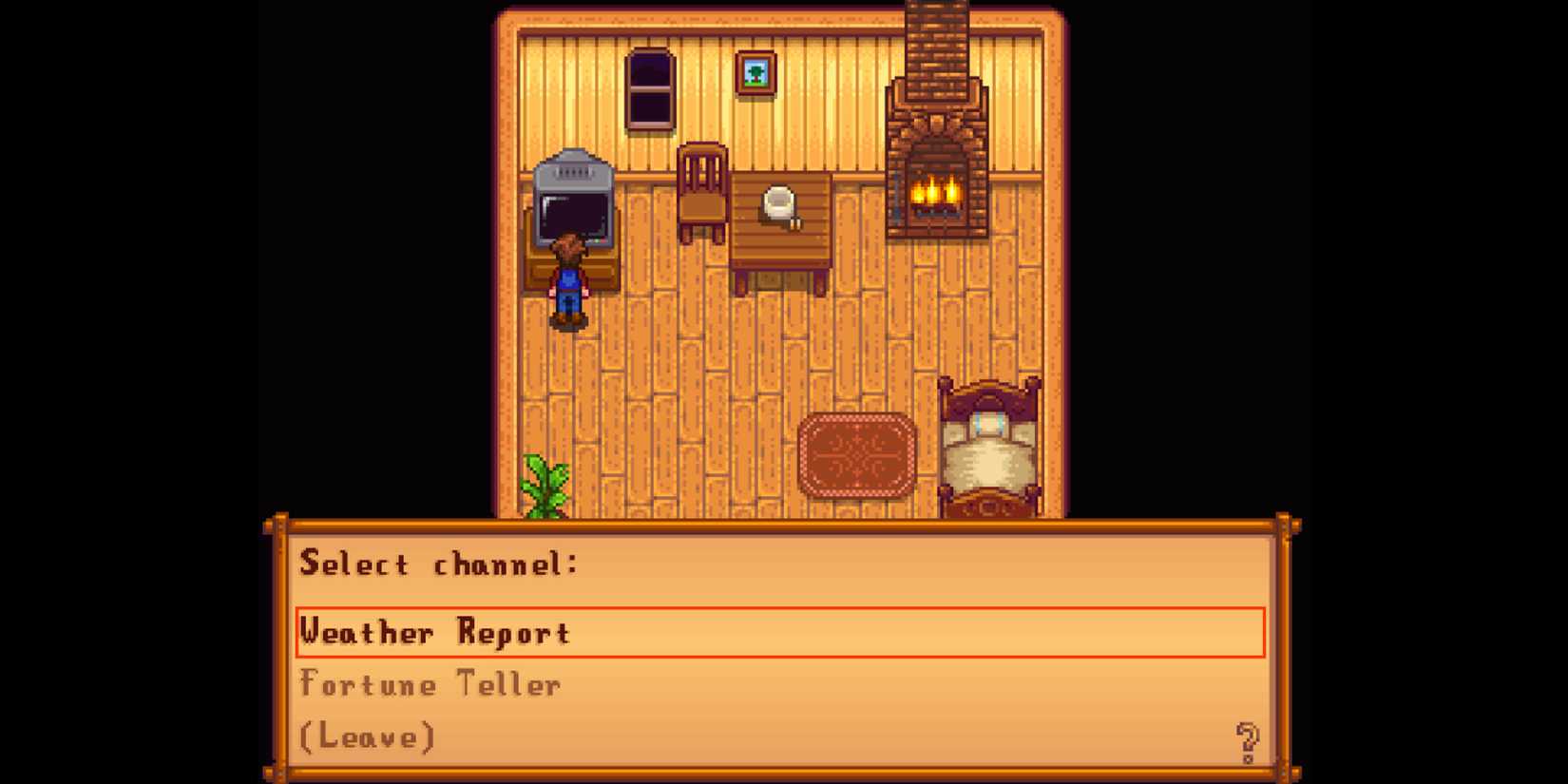 player watching television in house in Stardew Valley.