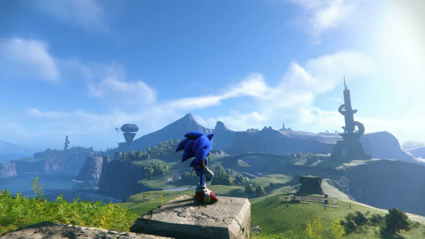 Sonic standing on a rock in Sonic Frontiers.