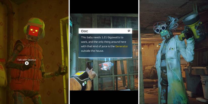 Seamus the robot in his apartment, Doc says he needs 1.2 gigowatts from the generator, Doc in his safehouse