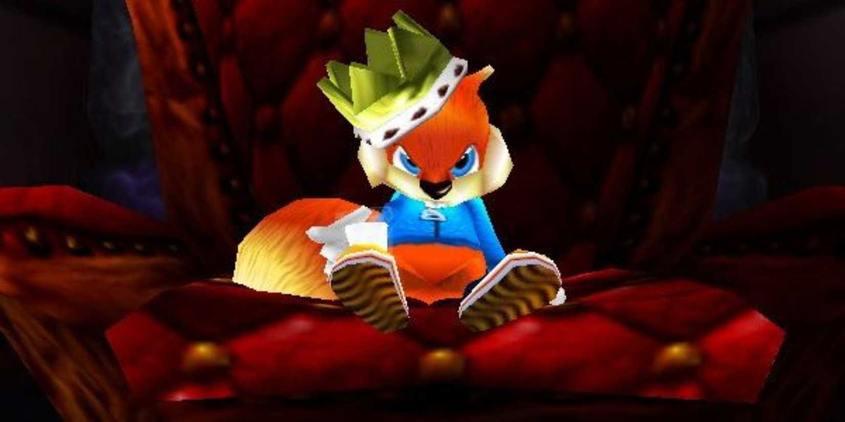 On Conker's Bad Fur Day, Conker sits in a large red chair with a crown on his head.