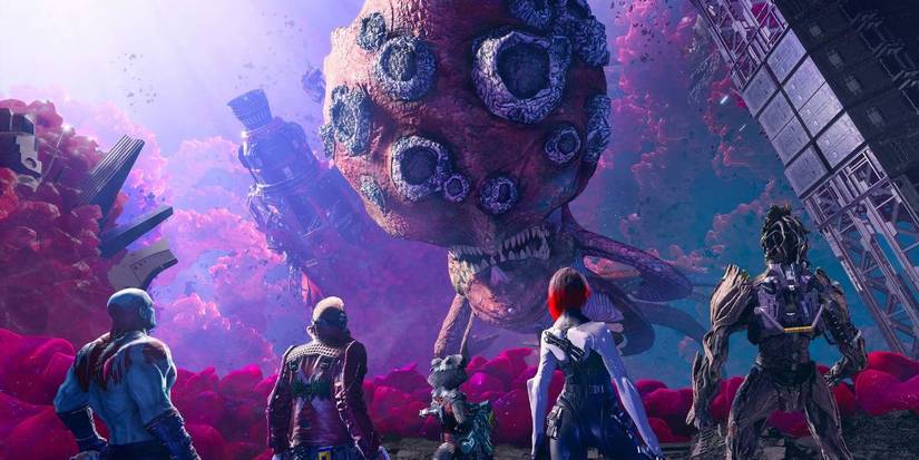 Star-Lord, Gamara, Groot, Drax, and Rocket Raccoon battle monsters in Guardians of the Galaxy.