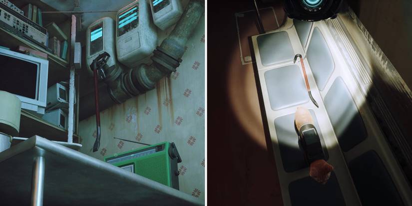 A crowbar hangs from a valve, a crowbar on a seat in the subway