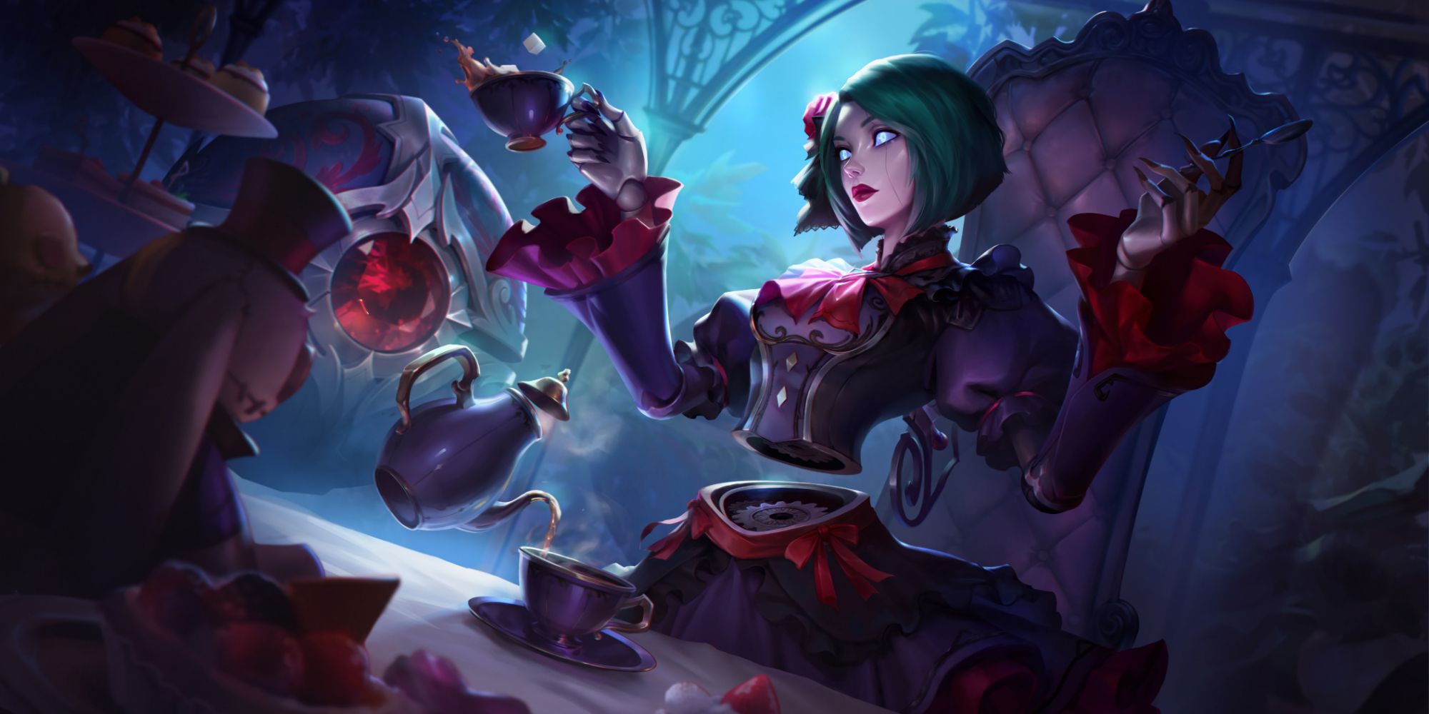Orianna The Lady of Clockwork, in her gothic skin having some tea by misty moonlight in what appears to be a mansion