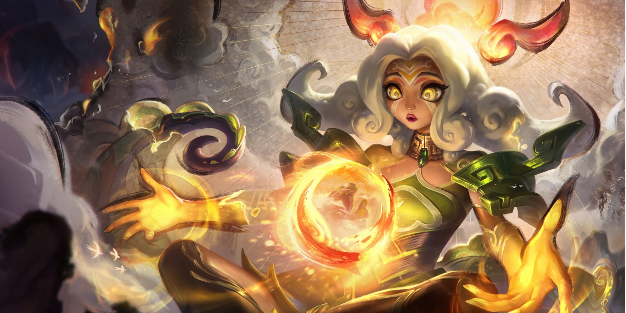Shan Hai Scrolls Neeko having visions as she stares wide eyed into a magical orb as she floats while sitting cross legged