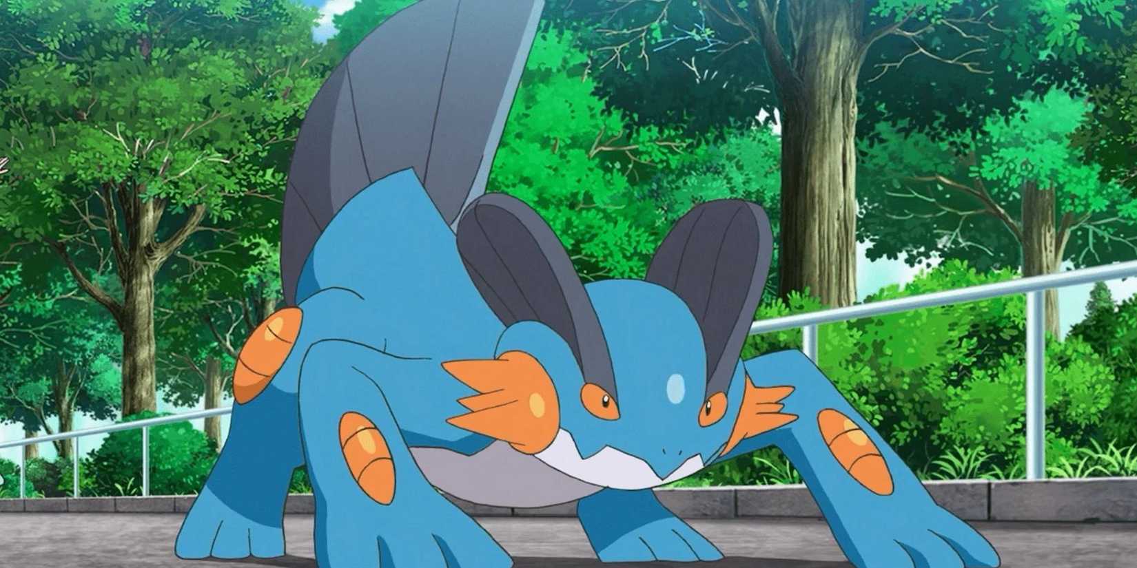 Swampert prepares to lunge in the Pokemon Anime.