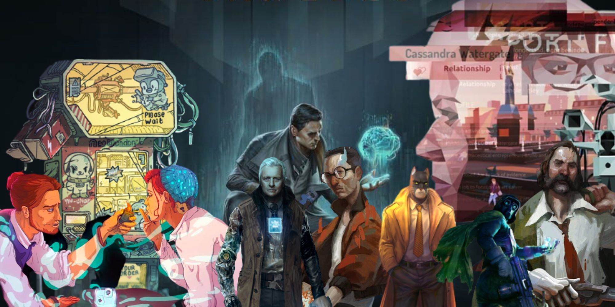 Art from Citizen Sleeper, Red Strings Club, Observer, Disco Elysium, Blacksad, Orwell, and Encased over Gamedec art