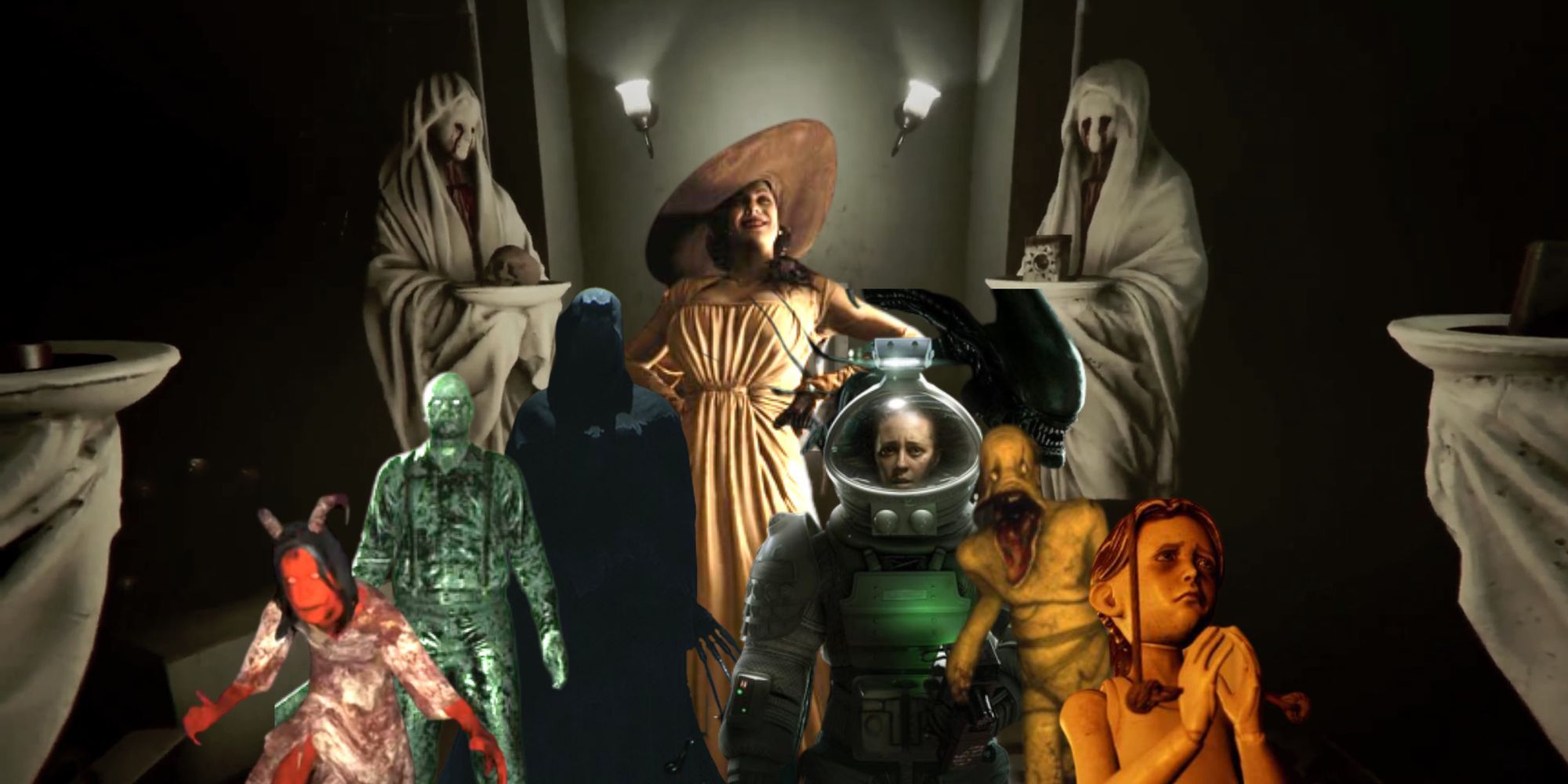 Background of statues in the ritual room of Madison, antaogonists and characters from Devour, Outlast 2, Visage, Resident Evil Village, Alien Isolation, Amnesia, Martha Is Dead