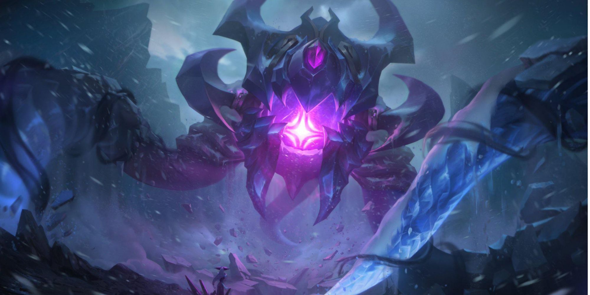 Black frost Vel'Koz stares with his cold purple eye as his tentacles lurk within view, the cold Freljord winter around