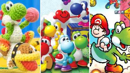 Yoshi riding Poochy, Colorful Yoshi standing around, Yoshi with Baby Mario on his back