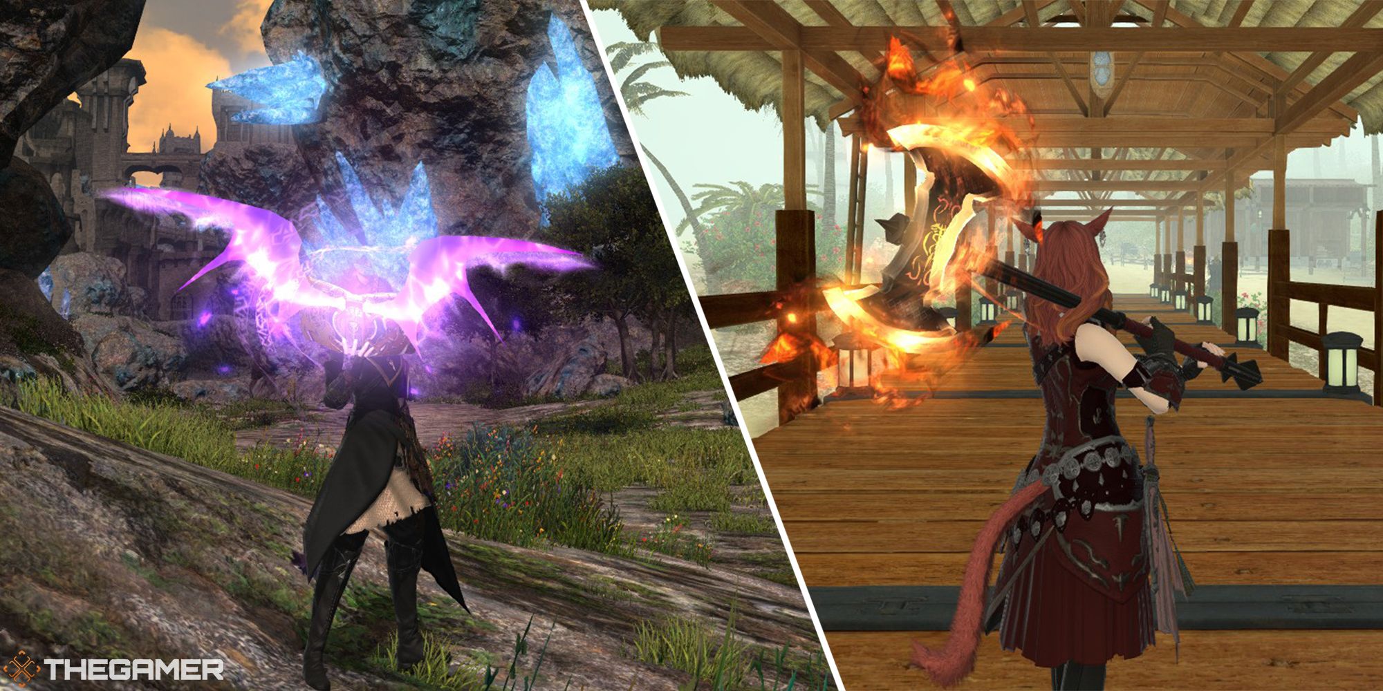 A split image of Minos and Mimesis L:ux Anima weapons in Final Fantasy 14.