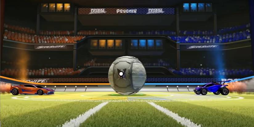 Rocket League: a blue and orange car line up for the opening kickoff.