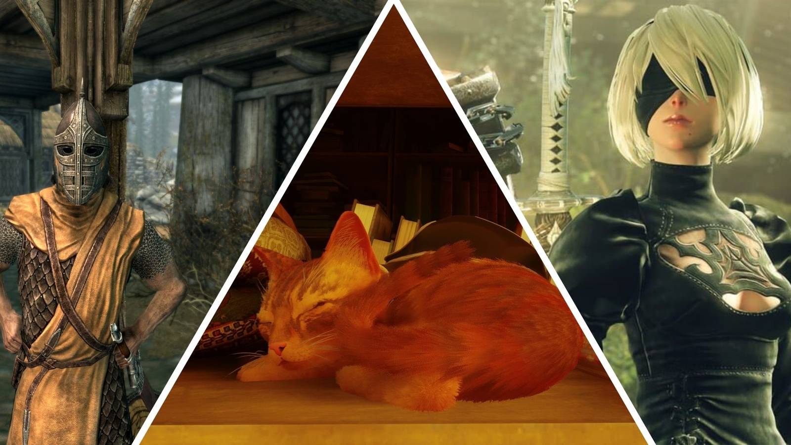 Skyrim guard, cat from Stray, 2B from Nier Automata