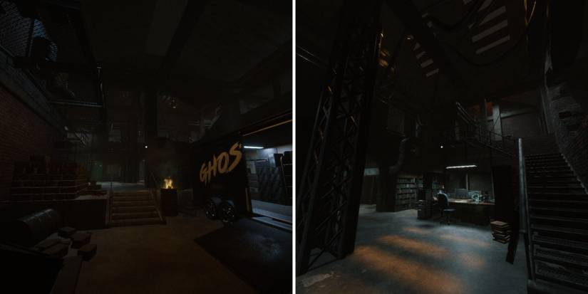 different angles of the base in Ghost Watchers, showing the wide warehouse, the van, a small library, stairs to a second floor, and a research desk