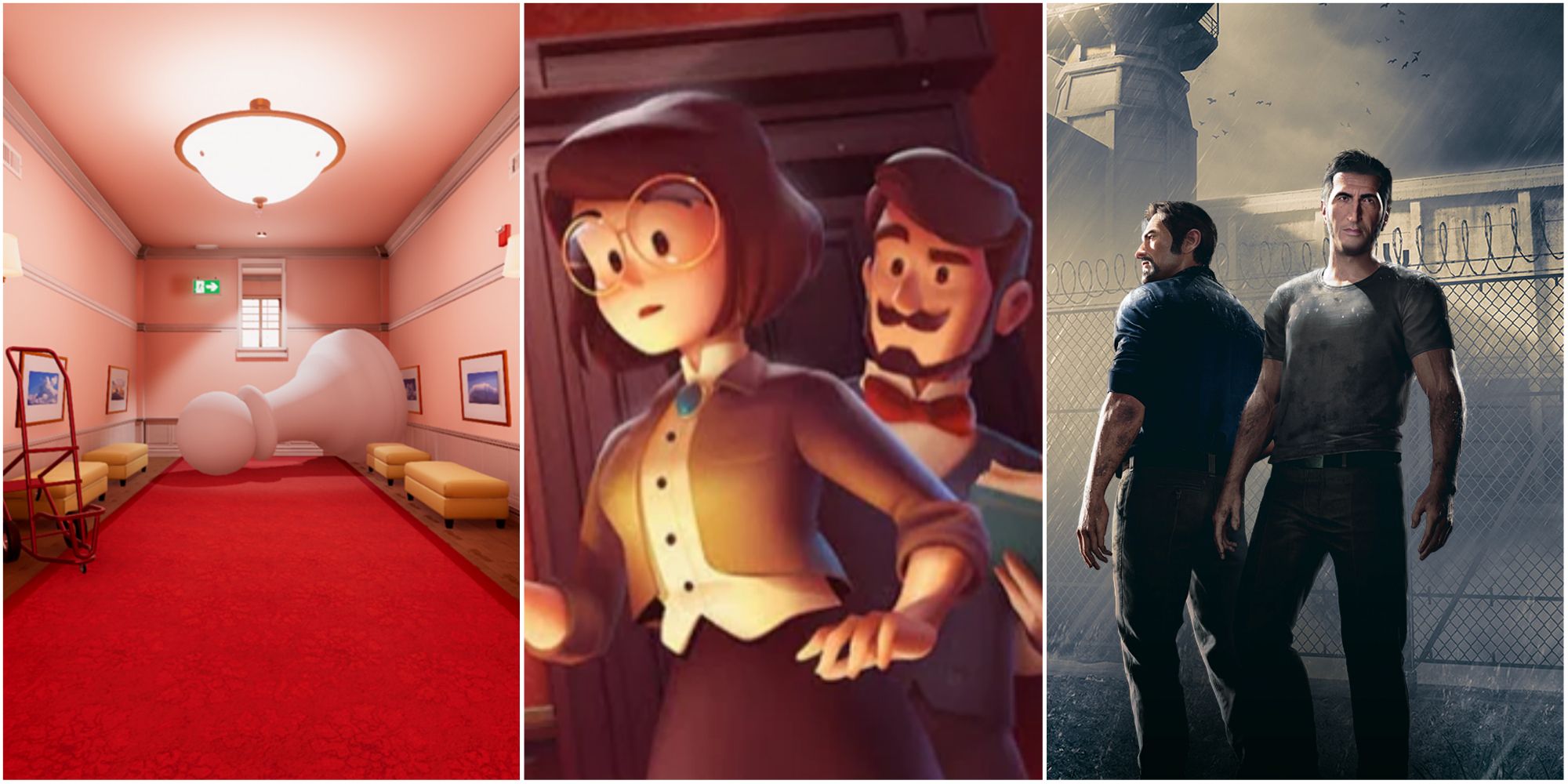 Split image screenshots of Superliminal, Escape Simulator and A Way Out