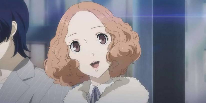 Cutscene screenshot of Persona 5 Haru Okumura Noir smiling at camera