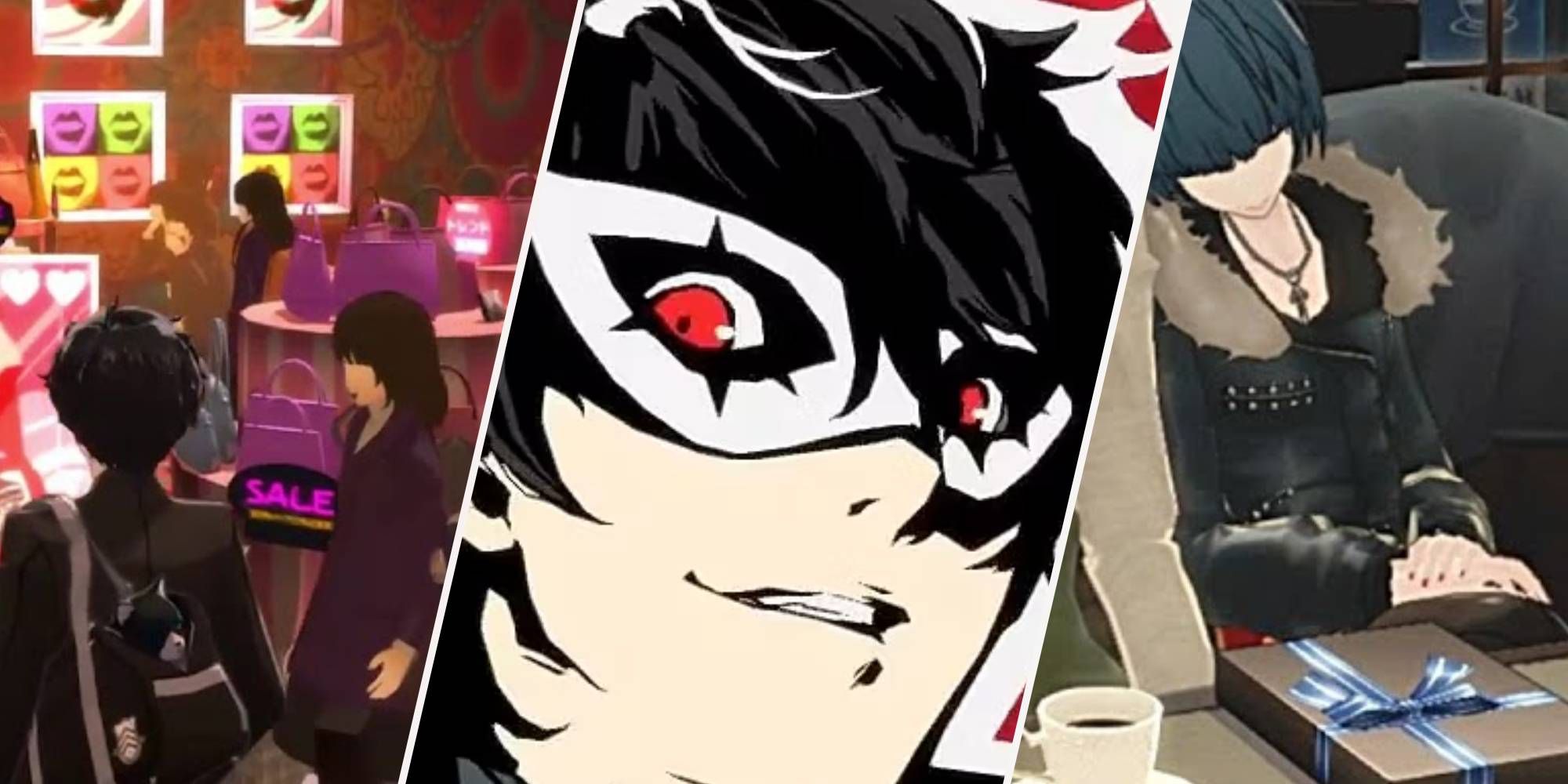 Split image from Persona 5 Royal showing Joker with an NPC inside a shop, a close-up of Joker's face wearing his white mask, and another NPC sitting down with a gift box in front of them