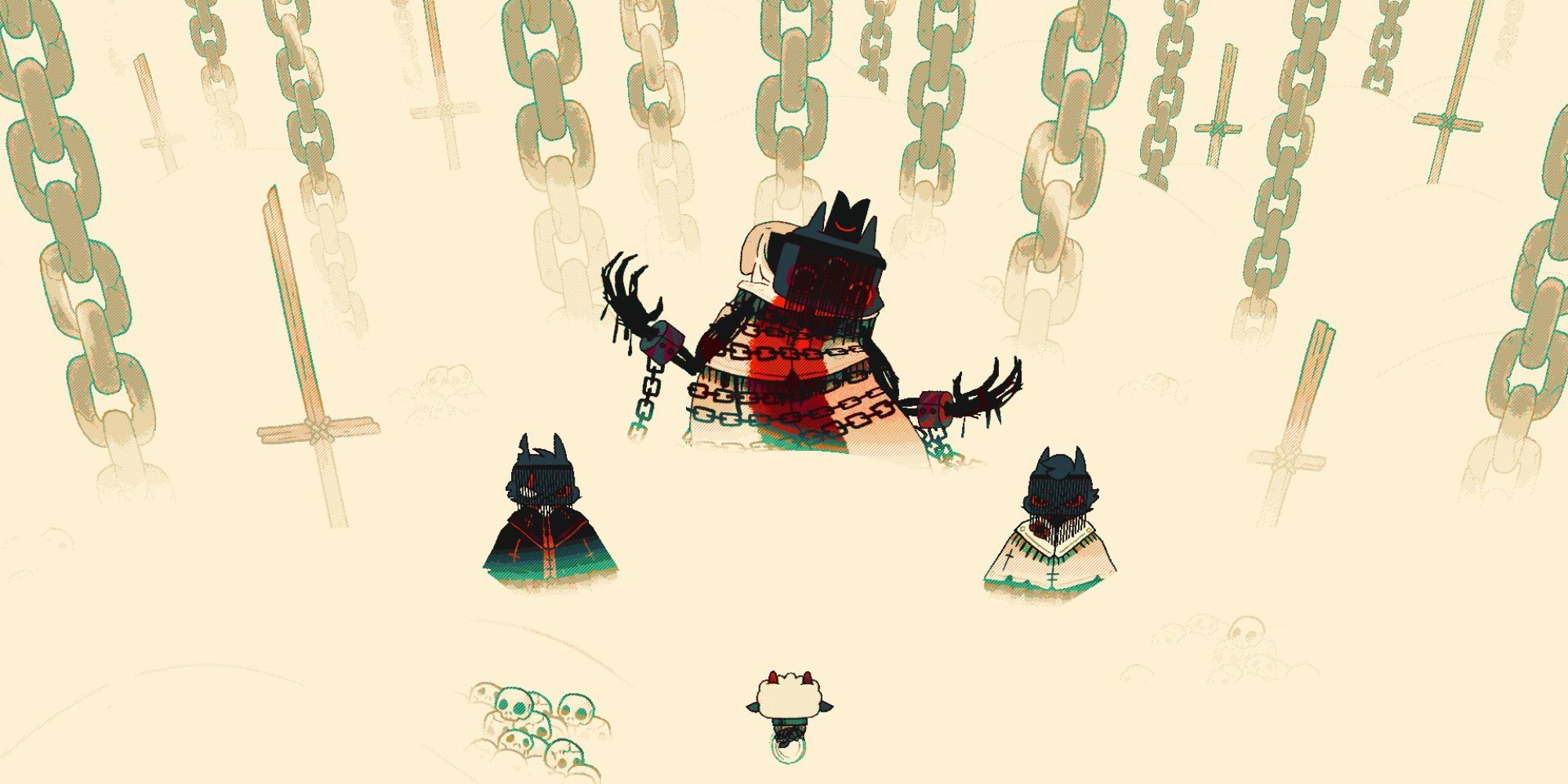 The One Who Waits Below, flanked by Baal and Aym, facing The Lamb at the beginning of the game