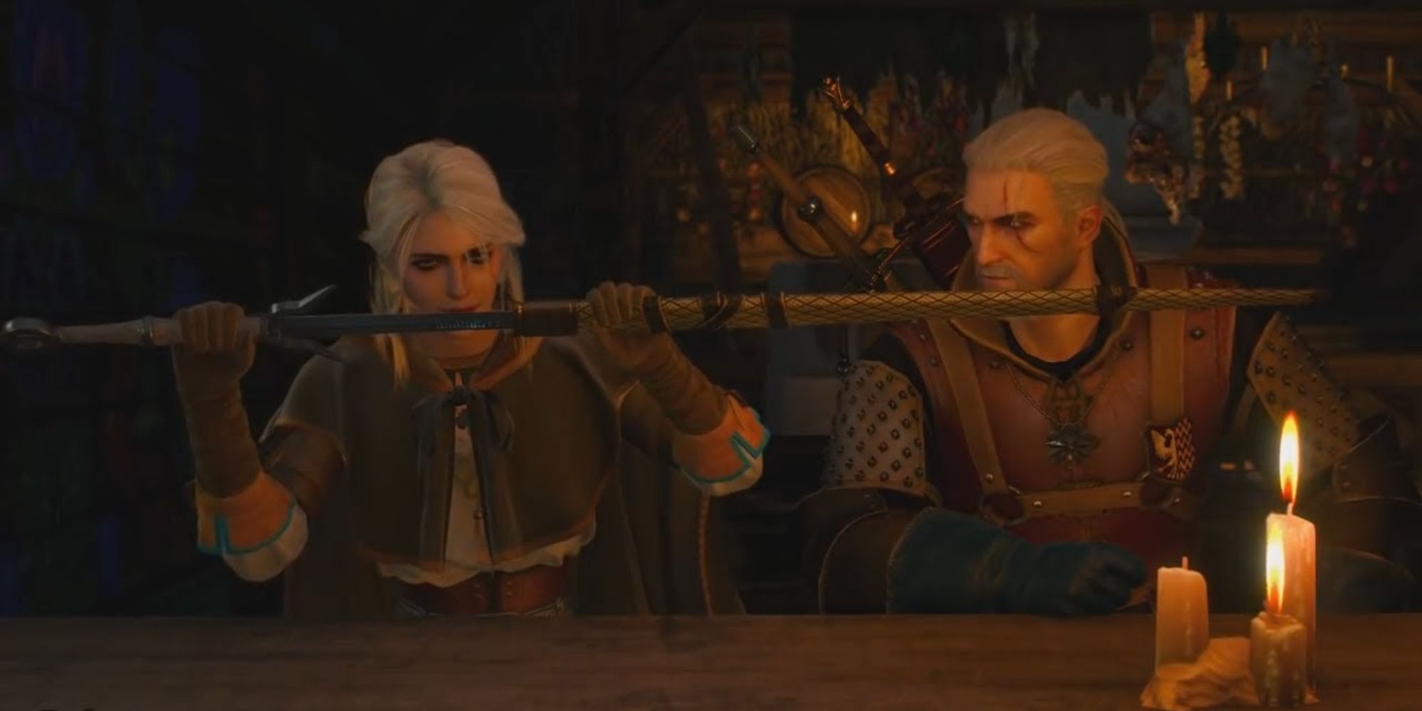Ciri sitting with Geralt in an inn for her Witcher ending in The Witcher 3: The Wild Hunt