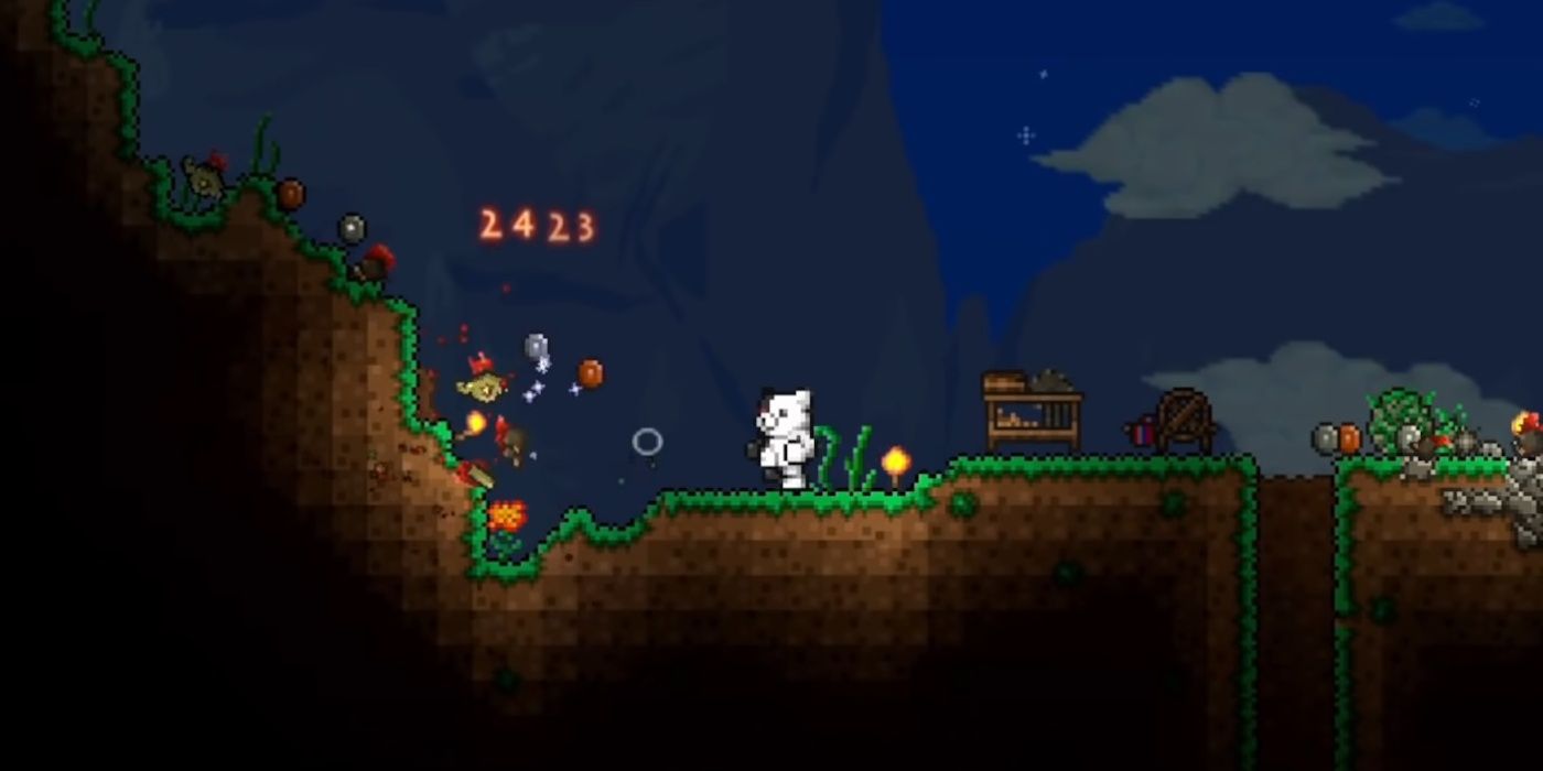 Terraria Player Wearing Monokuma Vanity Costume Fighting Goblins At Night Sawmill and Loom