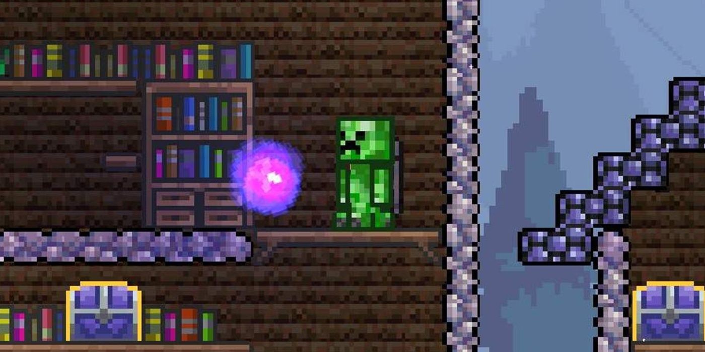 Terraria Player Wearing Creeper Vanity Set Inside Hallow House