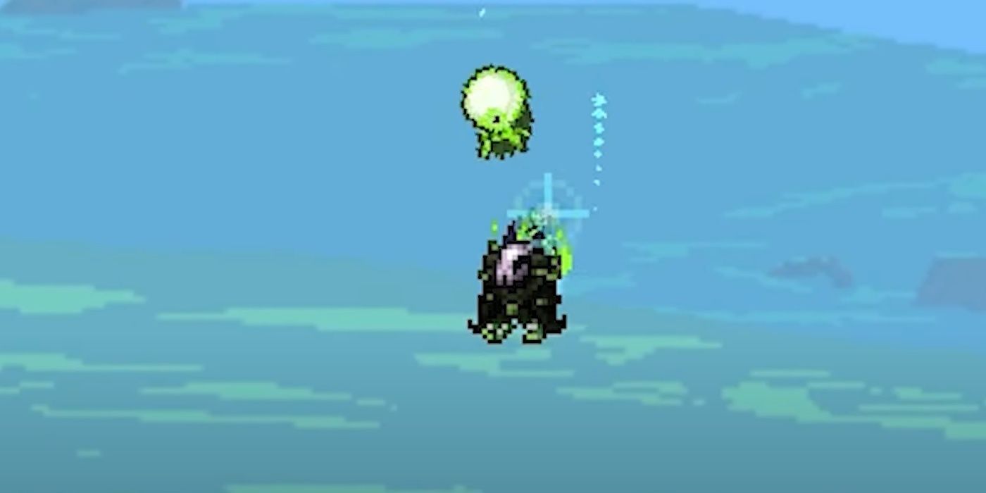 Jugador de Terraria con juego de tocador Plague Bringer volando con una mascota teñida de verde Twins