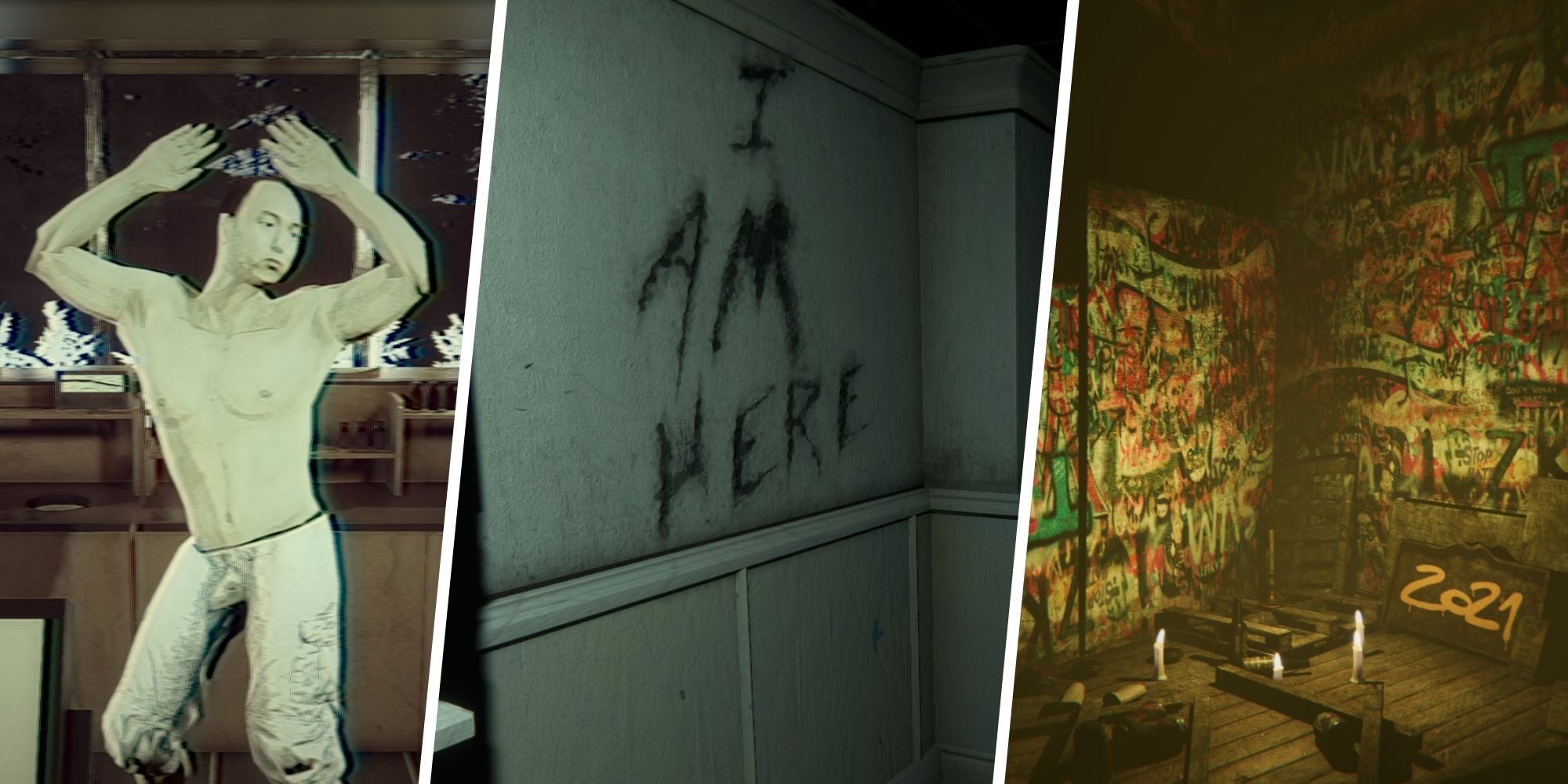 the closing shift customer, the demon's warning on the walls in mortuary assistant, the broken down chapel in madison